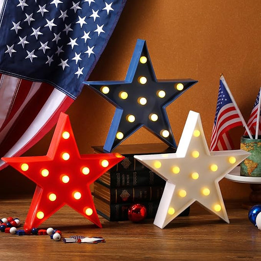 Tujoe 3 Pcs 4th of July Star Shaped Lights LED Independence Day Signs Red White and Blue Patriotic Star Centerpieces for Tables Indoor Outdoor 250th Independence Day Party Decorations(Smooth)