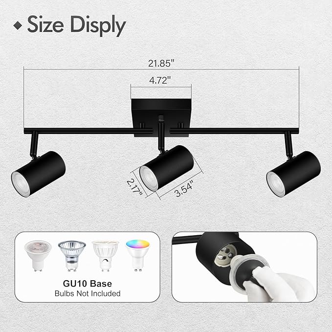 3 Light Track Lighting Fixtures Ceiling, Black LED Track Lighting Kit, Modern Kitchen Track Lights with Rotatable Light Heads, Ceiling Spot Lighting for Living Room/Hallway/Bar, No GU10 Bulb