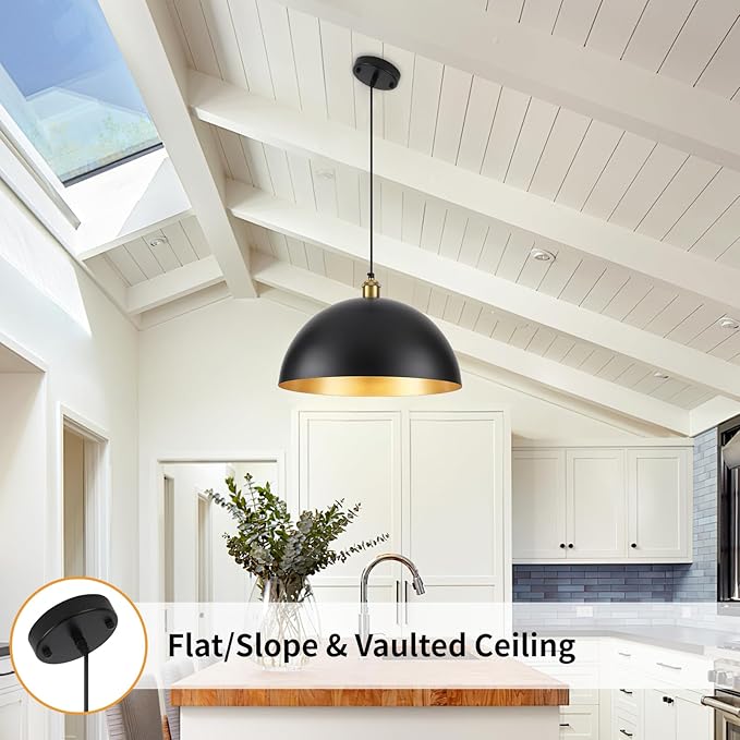 Black Vintage Pendant Light 16 Inch, Large Dome Pendant Lights Kitchen Island Adjustable Height Industrial Pendant Light Fixtures for Kitchen Dining Room Bedroom 2 Pack