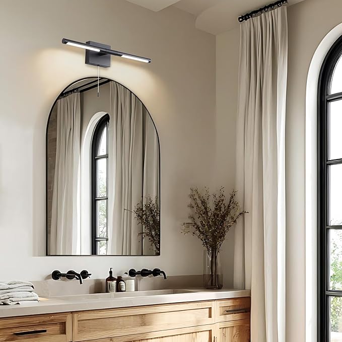 24 Inch Black LED Bar Bathroom Vanity Light,360° Rotatable Vanity Light Fixtures with Pull Chain Over Mirror,4000K Modern Bathroom Sconces Wall Lighting Picture Light
