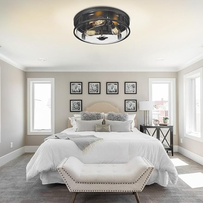 16 Inch Flush Mount Ceiling Light with Clear Glass Shade, 3-Light Indoor Outdoor Farmhouse Lighting Flush Mount Lights for Kitchen Bedroom Porch Living Dining Room(Large)