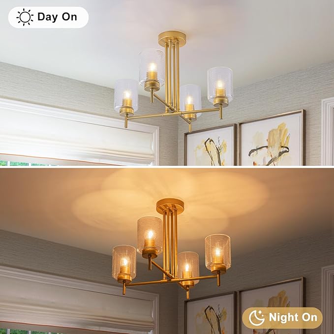 4-Light Modern Sputnik Chandelier Gold Sputnik Semi Flush Mount Ceiling Light with Striped Glass Shade for Living Room Dining Room Kitchen Island Bedroom Hallway Entryway Foyer