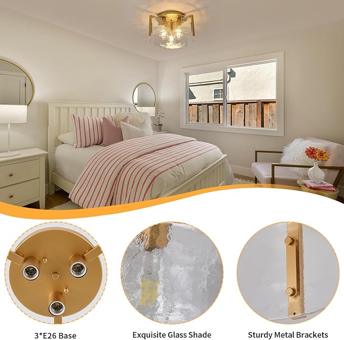Gold Semi Flush Mount Ceiling Light Fixture, 14-Inch Farmhouse Modern Flush Mount Light Glass Drum Lights Foyer Lighting Fixtures for Kitchen Entryway Hallway Laundry Room Bedroom Bathroom