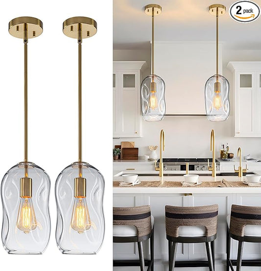 Kitchen Pendant Lighting Over Island 2 Pack,Glass Gold Pendant Light Fixtures Set of 2 Modern Vintage Hanging Lamp 1 Light with 11.4in Height Clear Thick Organic Glass Shade for Dining Table Bar,E26