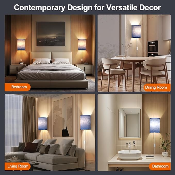 Plug in Wall Sconces Set of Two: Wall Lights with On/Off Switch - Stepless Color Temperature Wall Mount Lamps - Fabric Linen Wall Sconce for Bedroom Living Room & Hallway- Indoor Corded Wall Sconces