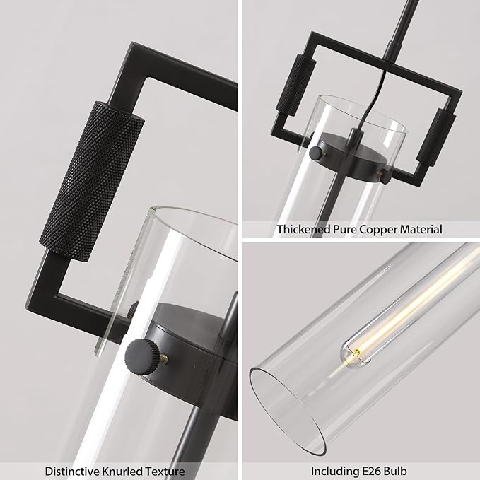 Black Pendant Lights,Modern Glass Pendant Lights Kitchen Island,21.6'' Farmhouse Kitchen Pendant Lighting Over Island for Dining Table,Bathroom,Bedroom,Included E26 Bulb
