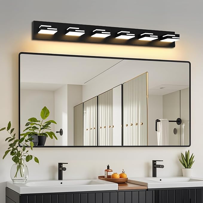 LED Modern Bathroom Vanity Light Fixtures 6-Light 40-inch 5CCT Dimmable Matte Black Vanity Lights for Bathroom Lighting Fixtures Over Mirror, with 360° Rotatable Acrylic Heads