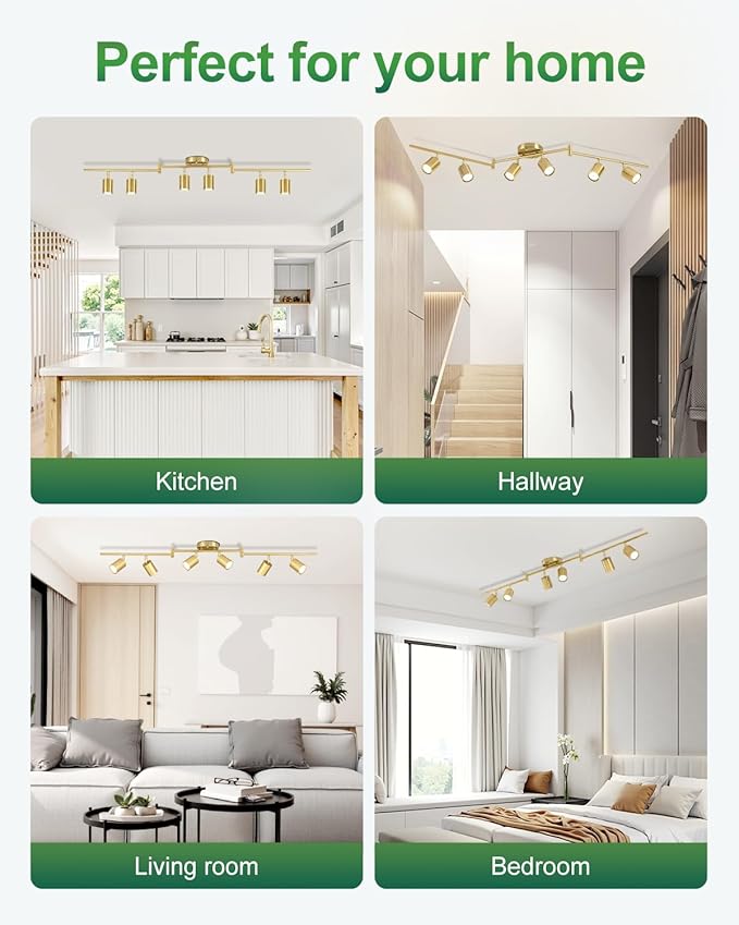 6 Ways Track Lighting, Rotatable Heads Tracks Light, Track Lightings Fixtures Ceiling with Foldable Arms, Brushed Gold Tracks Light for Kitchen, Living Room, Hallway(Bulbs Not Included)