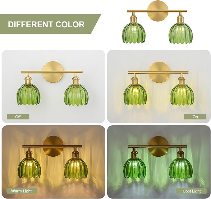 Gold Bathroom Light Fixtures Over Mirror, 2 Light Bathroom Vanity Light Fixture with Tulip Green Glass Lampshade, Vintage Vanity Lights for Bathroom, Bathroom Vanity Lights Over Mirror