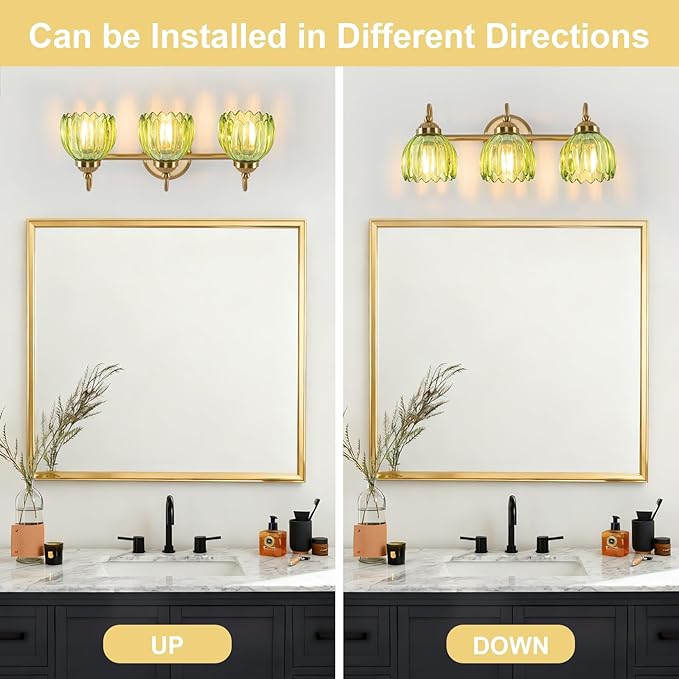 Vintage Bathroom Light Fixtures, Brass Vanity Lights with Green Tulip Glass Shade, Vanity Sconces for Bathroom Bedroom Living Room Hallway, 3-Light