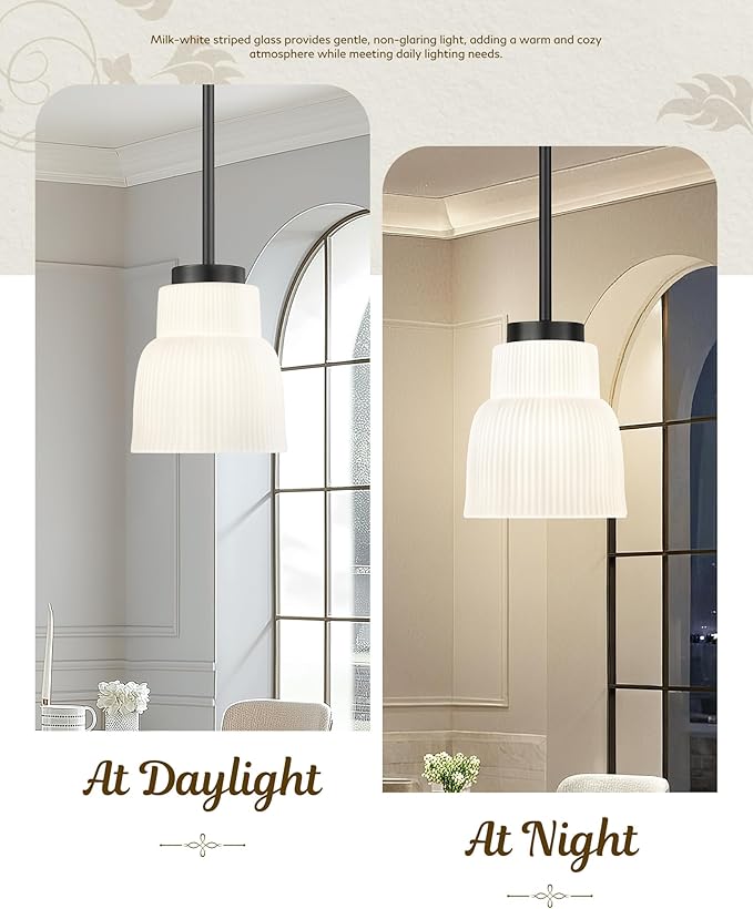 FEMILA 3 Pack Pendant Light for Kitchen Island, 6.7" Milk Glass Pendant Light Vintage Light Fixtures for Bedroom Hotel Dining Room, 4FYD87MIL-3PK BK