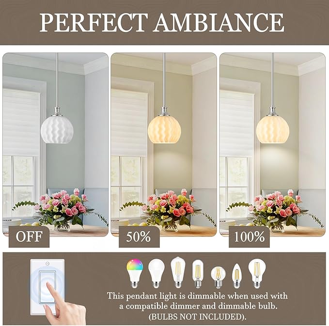 Brushed Nickel Pendant Lights Kitchen Island, 7.3" 1-Light Modern Farmhouse Milk Glass Globe Light Fixtures with Adjustable Rods, Hanging Ceiling Lighting for Sink, Hallway (E26 Base)