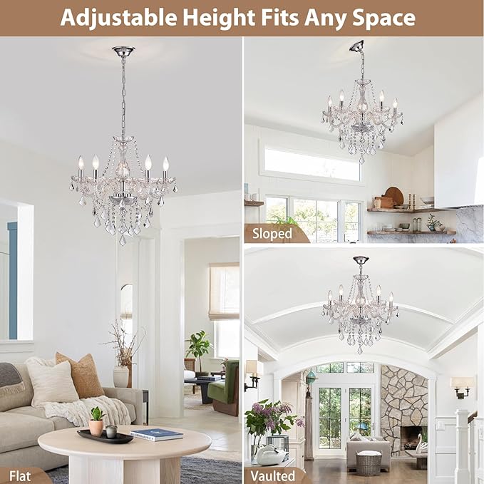 5-Light Modern Candle Crystal Glass Chandelier Pendant Ceiling Lighting Fixture for Dining Room Kitchen Hallway Living Room Bedroom Bar Closet, 23" Chrome Contemporary Elegant Lamp