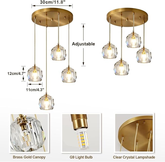 Gold Crystal Pendant Light Mid Century Modern 4-Lights Cluster Pendant Lighting Anti Brass Adjustable Hanging Ceiling Light Vintage Round Kitchen Island Chandelier Light Fixture