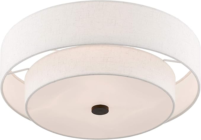 Livex Lighting 51085-92 4-Light Semi Flush Mount Ceiling Fixture with Oatmeal Color Fabric Hardback Drum Shade and Satin White Diffuser, English Bronze
