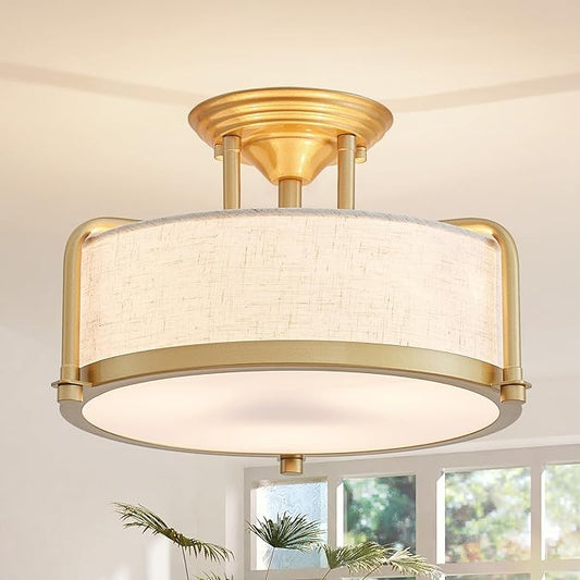 Modern Drum Ceiling Light, Semi-Flushmount Close to Ceiling Light Fixture for Living Room, Bedroom, Dining Room,Kitchen, D13 x 8 in, Linen Fabric Shade & Gold Finish Metal Frame