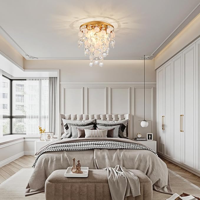 D11 inch Capiz Shell Crystal Ceiling Light, 3-Light Coastal Design Flushmount Close to Ceiling Light Fixture for Foyer, Hallway, Bedroom, D11 x H13 inch, Shell & Crystal & Copper Finish Frame
