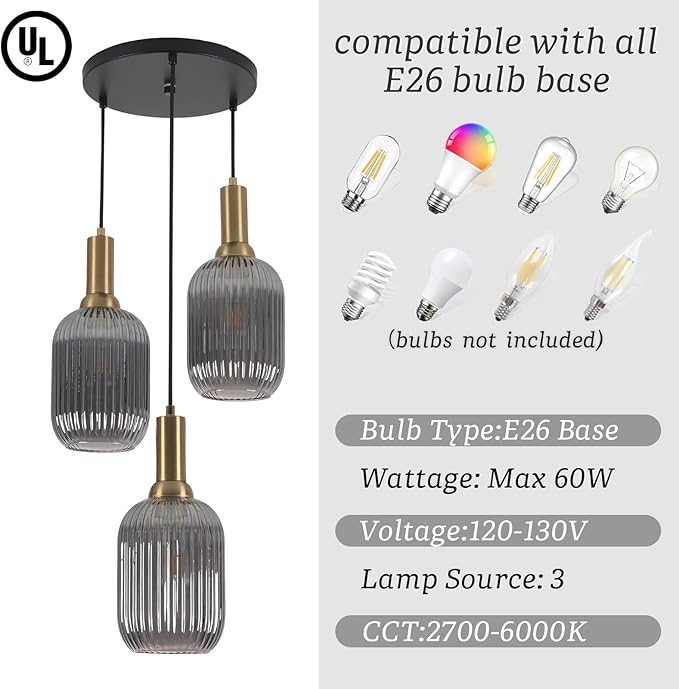 FRIXCHUR 3-Light Pendant, Mid Century Style Glass Shades with E26 Sockets, Adjustable Retro Pendant Light with Gold Accents, Ideal for Kitchen Islands and Living Rooms (Smoky Grey)