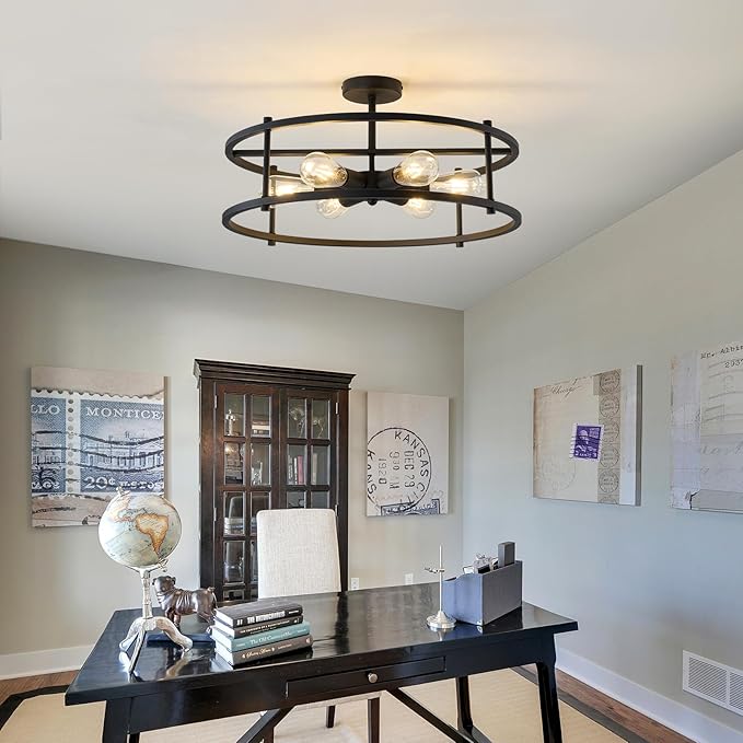 hesoge Large Semi Flush Mount Ceiling Light Fixture Black Cage Ceiling Light 6 Light Chandelier for Kitchen Dining Room Entryway Living Room Bedroom Foyer