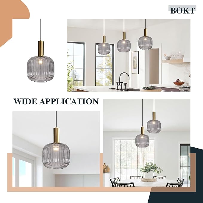 BOKT Modern Smoke Gray Glass Pendant Light 2-Pack Kitchen Island Globe Striped Pendant Lights Farmhouse Adjustable Cord Hanging Light Fixture for Dining Room