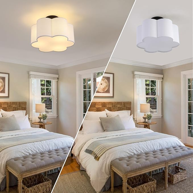 Semi Flush Mount Ceiling Light, Modern Close to Ceiling Lamp with White Flower Fabric Shade 3-Light Farmhouse Brass Ceiling Light for Nursery Bedroom Kitchen Hallway Entryway