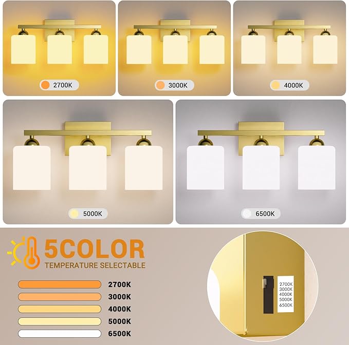 Quntis Gold Bathroom Light Fixtures Over Mirror 5 Colors Adjustable, 3-Light LED Bathroom Vanity Lighting with Milky White Frosted Glass Shade, Energy-Saving LED Vanity Light 18.9 inch