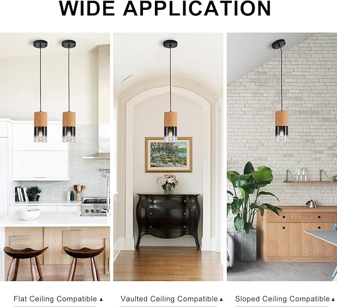 2-Pack Modern Pendant Lights for Kitchen Island, Adjustable Black Pendant Light Fixtures with Raw Wood Grain, Industrial Glass Pendant Lights for Dining Table Hallway Bedroom Living Room