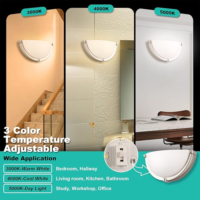 13 inch Dimmable LED Wall Sconce, Half Moon Wall Light Fixture, 3000K/4000K/5000K Color Temperature Adjustable, Modern Bathroom Vanity Light Fixtures，Super Bright (Brushed Nickel) 2 Pack