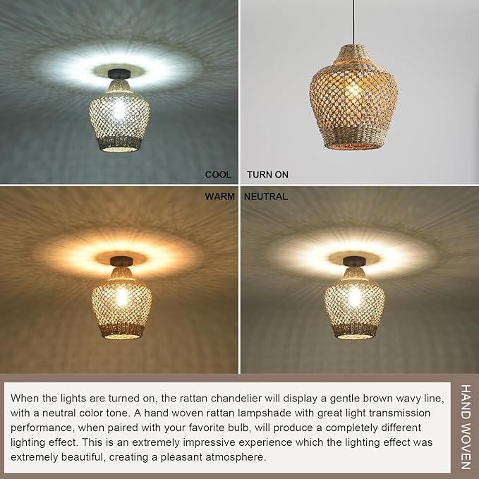 2 Pack Rattan Pendant Light, 11.81” Boho Wicker Hand Woven Hanging Seagrass Lighting Fixture, for Farmhouse Kitchen Bedroom Dining Living, Hallway