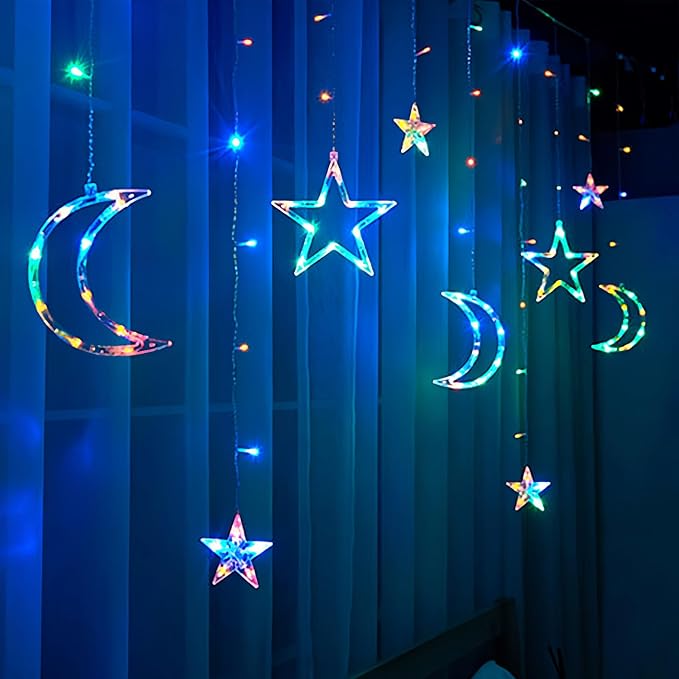 Moon and Stars Decor Curtain Lights, 11.5ft String Lights for Bedroom, Christmas, Ramadan Decor, Indoor LED Fairy Twinkle Light, Battery Operated or USB Plug-in