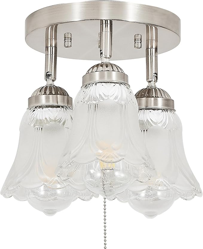 3-Light Flush Mount Ceiling Light with Pull Chain Clear and Frosted Glass Low Profile Lighting Fixtures for Kitchen Living Room Dining Room Closet (Brushed Nickel)