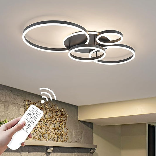O'NEELDY Flush Mount Modern Ceiling Light Black Led Modern Light Fixtures Ceiling Mount Lights 4 Rings Led Chandelier Lamp Fixture with Remote for Living Room Kitchen Dining Room Bedroom