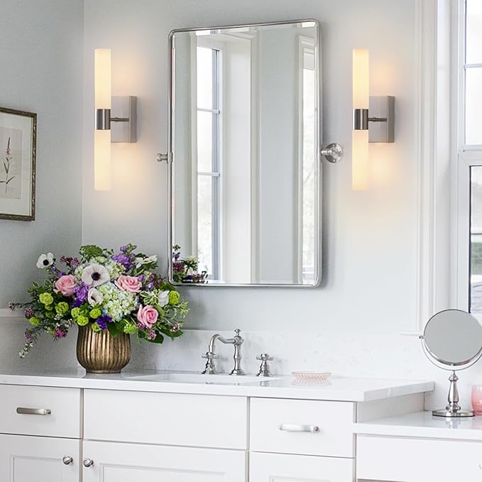 KUZZULL Wall Sconces Set of Two Brushed Nickel Bathroom Sconces Wall Decor Set of 2 Modern Wall Light Fixtures Metal Sconces Wall Lighting with Frosted Glass Shade Wall Mounted Lamp