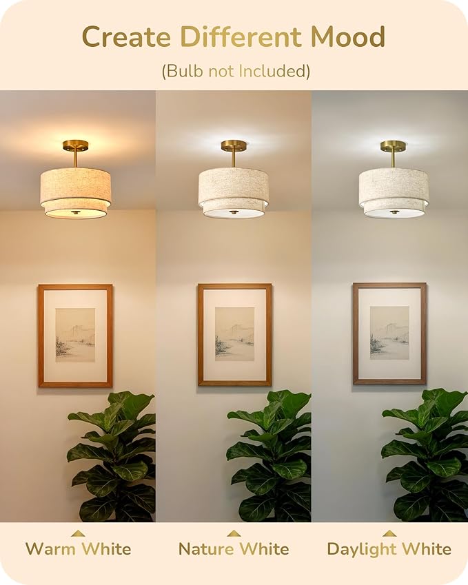 EDISHINE 12.6Inch Semi Flush Mount Ceiling Light, 3-Light Close to Ceiling Light Fixtures with Double Drum Linen Fabric Shade, Modern Mount Lamp for Bedroom Hallway Dining Room, Brushed Gold