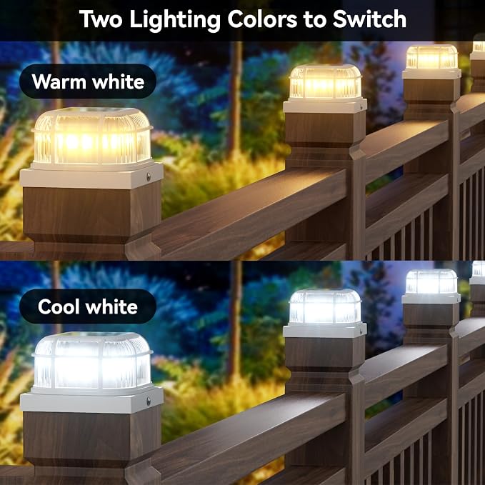 Solar Post Light 6 Packs with 4x4, 5x5 and 6x6 Inches Base for Vinyl/Wooden Posts, Bright 16 LEDs Solar Cap Lights with Two Light Modes for Decorating Deck, Patio, Porch, Fence (White)