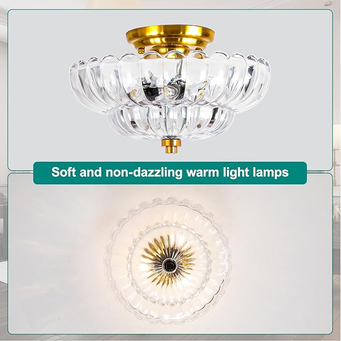 Gold Semi Flush Mount Ceiling Light Fixture, Vintage Clear Glass Ceiling Lights, 3-Light Close to Ceiling Lights for Closet, Hallway, Kitchen, Dining Room