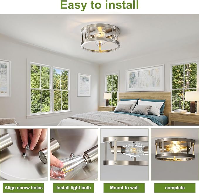 2-Light Industrial Flush Mount Ceiling Light Fixture,Brushed Nickel Farmhouse Ceiling Light Fixture,Modern Flush Mount Light Fixture for Kitchen Bedroom Living Room Hallway 2 Pack