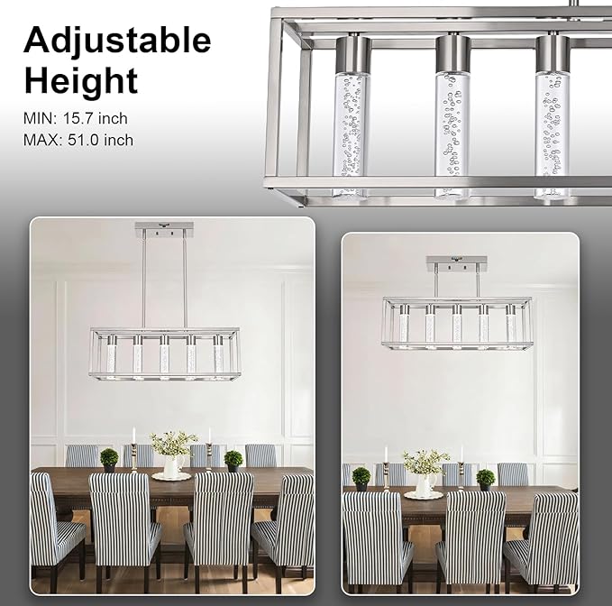 MELUCEE 5 Lights Chandeliers for Dining Room with Crystal Bubble, 25W 5 Color Dining Room Light Fixture Brushed Nickel, LED Island Lights for Kitchen Island Billiard Room, 3000-6000K Adjustable