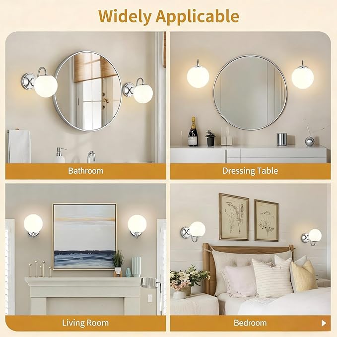 2-Pack Wall Sconce for Bathroom, Vintage Brushed Nickel Vanity Lights, Wall Mount Light Fixtures With Milk Glass Globe Shade, Indoor Wall Lights Fixture for Bedroom Living Room Mirror Hallway(G9 Incl)