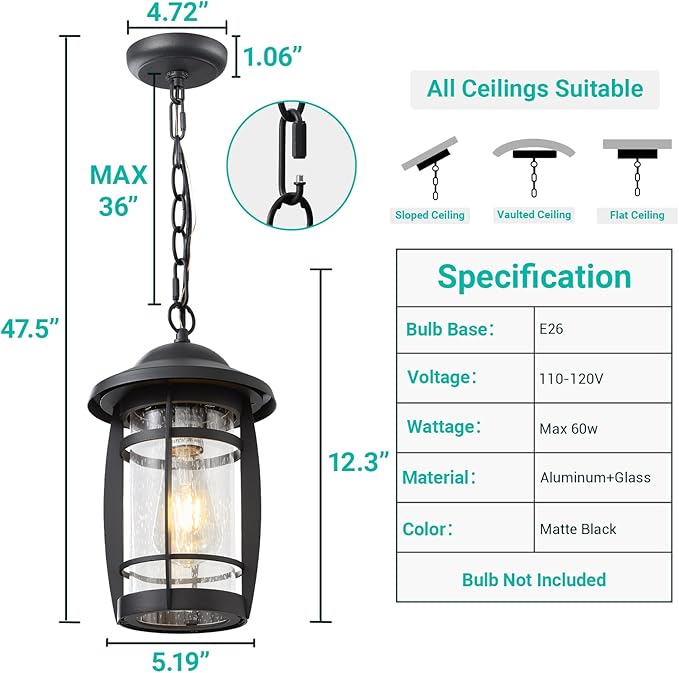 LOUSACE Outdoor Pendant Light - Adjustable Exterior Hanging Light Fixture Matte Black 1-Light Outdoor Chandelier Lantern Waterproof Aluminum with Seeded Glass for Front Porch, Gazebo, Patio, ETL List