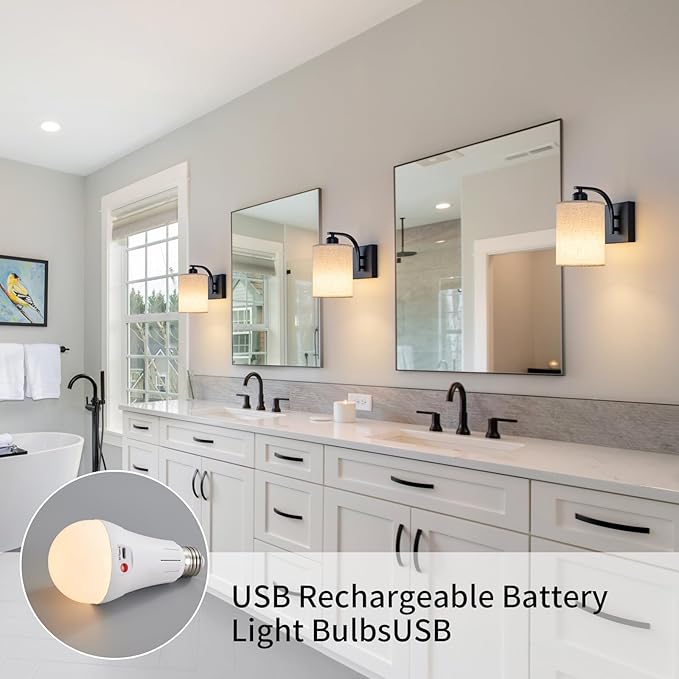 Powfloven Black Rechargeable Battery Operated Wall Sconces Set of 2 with Remote, Wireless Dimmable Battery Powered LED Wall Lights, Cordless Wall Lighting Lamp Fixture for Bedroom Living Room