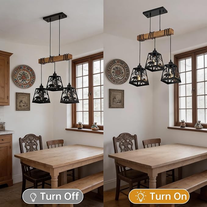 3-Lights Farmhouse Dining Room Pendant Light Fixtures, Rustic Solid Wood Kitchen Island Lighting Hanging with Bear Metal Shades for Restaurant, Kitchen Island, Hallway
