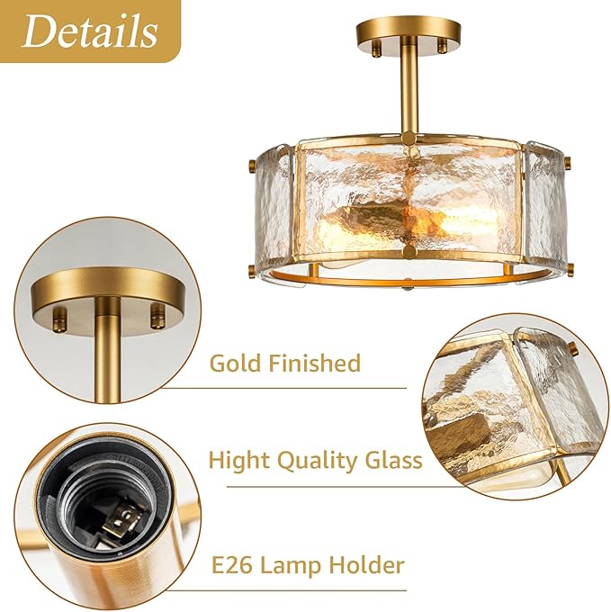 12.8" Modern Gold Semi Flush Mount Ceiling Light Fixture, 2-Light Glass Drum Ceiling Light, Small Hammered Glass Ceiling Lights for Dining Room Foyer Kitchen Hallway Entryway
