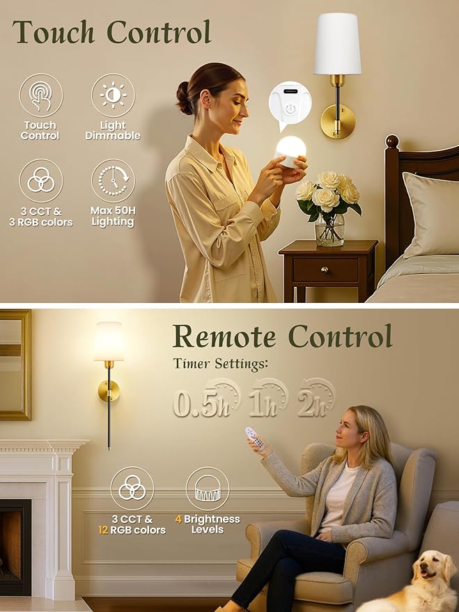 Battery Operated Wall Sconces Set of 2, Black Gold Cordless Wall Lights with Rechargeable Magnetic Bulbs and Remote, Dimmable & 15 RGB Colors Wall Lamps for Bedroom Living Room Hallway 23Inch