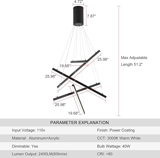 Black Led Modern Pendant Light, 5 Linear Lights led Chandelier Dimmable Hanging Pendant Lighting for Living Dinning Room Staircase Entry Foyer Restaurant