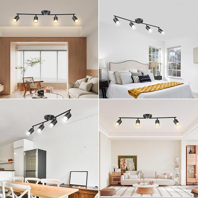 BoostArea LED 4 Light Track Lighting Kit, Black 4 Way Ceiling Spot Lighting, Flexibly Rotatable Light Head for Kitchen, Living Room, Bedroom, Bulb Not Included