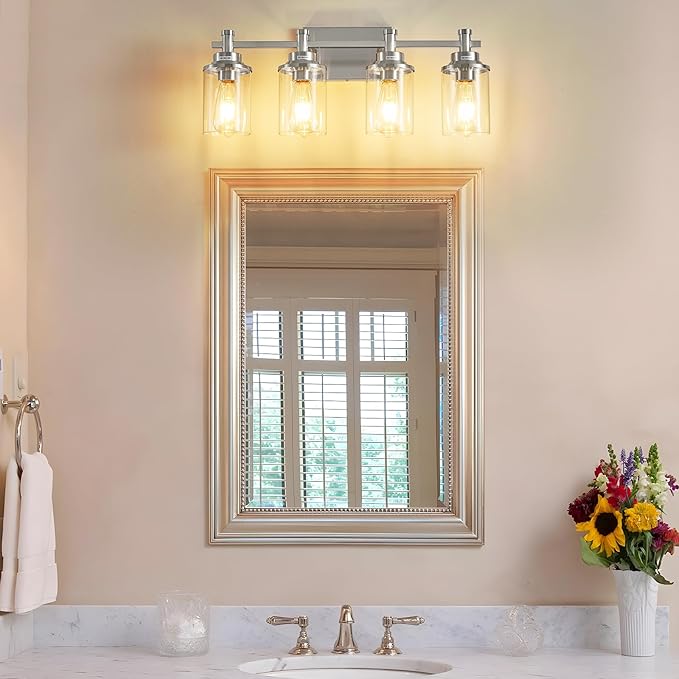 Brushed Nickel 4-Light Bathroom Vanity Light Fixtures Over Mirror, Modern Wall Sconce with Clear Glass Shade for Hallway, 23.6"x7.0"x9.4"