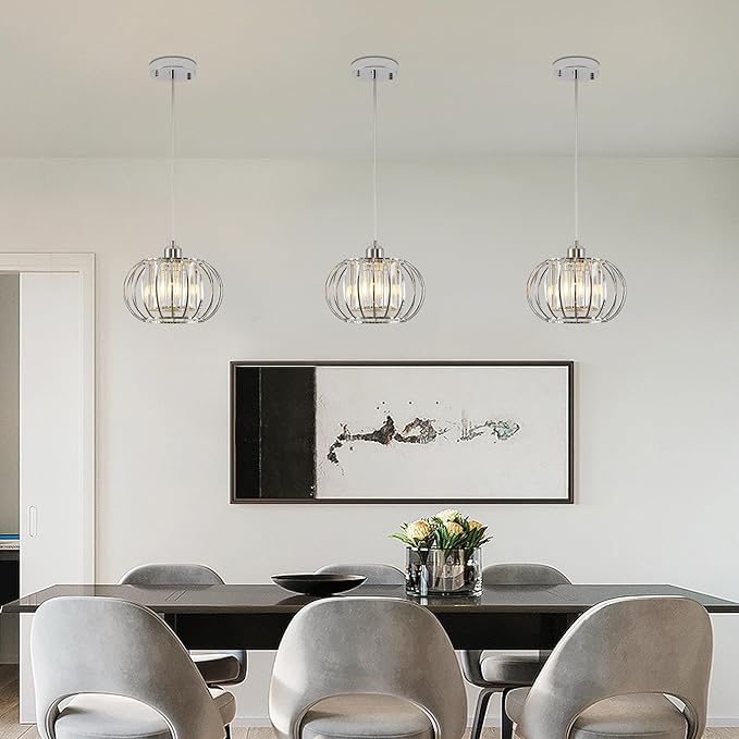 XSDeTu Modern Chrome Pendant Light Fixtures, Mini Crystal Hanging Light Chandelier, Metal Kitchen Island Lighting, Adjustable Pendant Lighting for Kitchen Island, Dining Room, Bedroom, Hallway