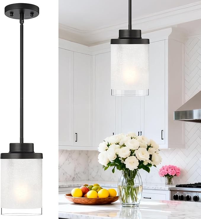 TENGXIN Modern Pendant Light, 6 Inch Matte Black Pendant Lights Kitchen Island,Farmhouse Pendant Lighting for Dining Room Bedroom Bar Office,TXPLBK01-L