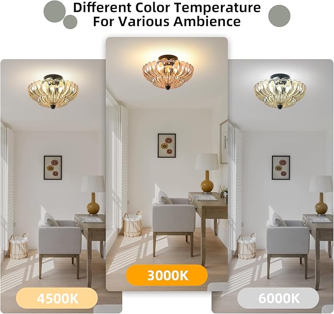 Semi Flush Mount Ceiling Light, 11.8 Inch Black Vintage Hallway Light Fixture with Amber Glass, Close to Ceiling Light for Bedroom Kitchen Living Room Bathroom Foyer, E26 Base